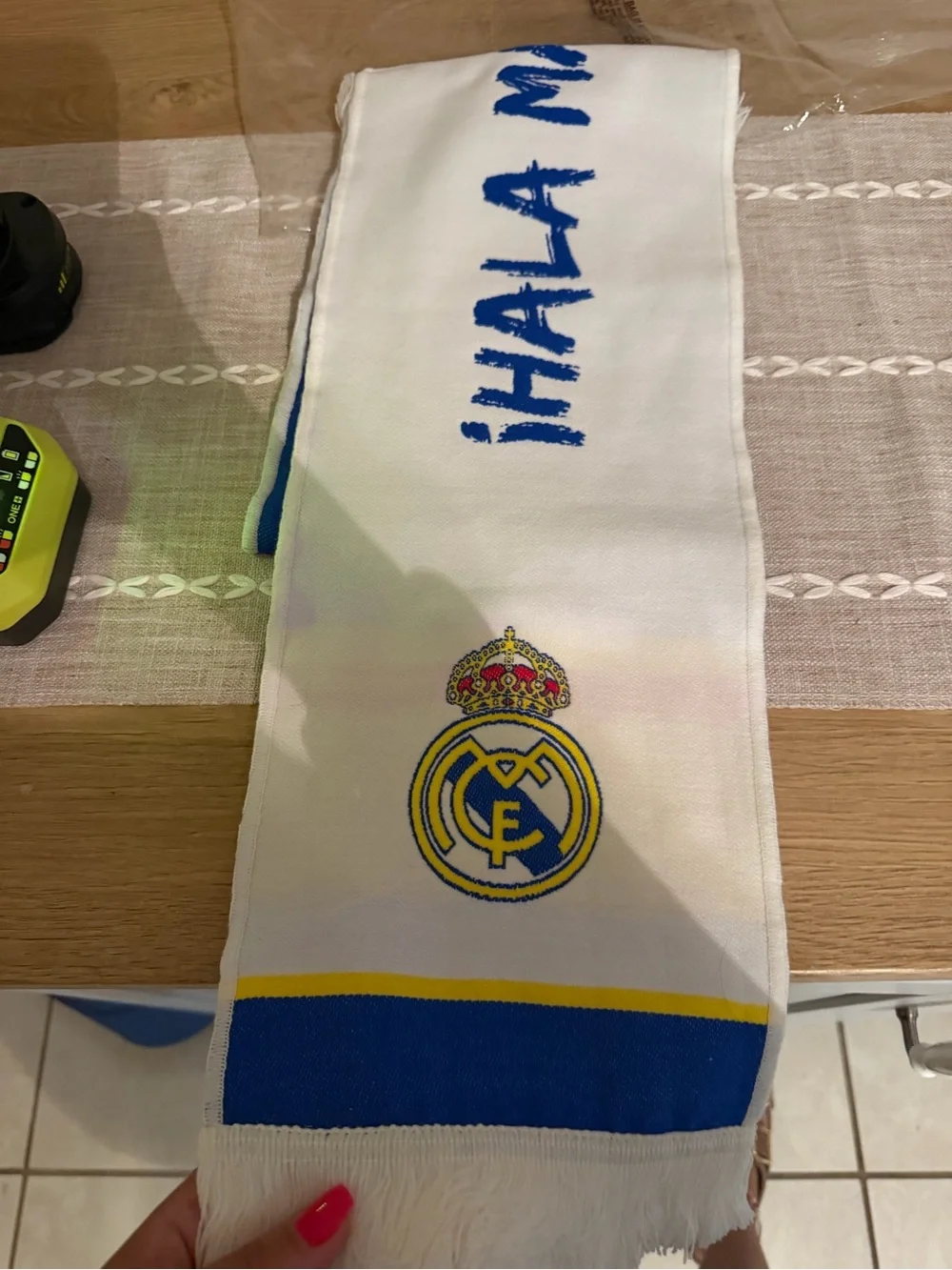 Hala Madrid Men’s White Scarf with Blue Script Logo